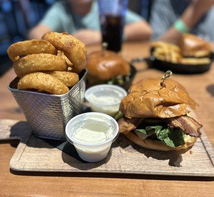 Burger with bacon and onion rings