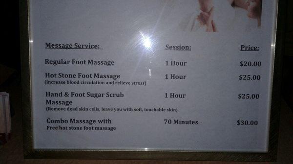 Menu- Got the hot stone foot massage today