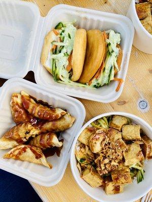 Hawaiian Buns {Top}, Pork Potstickers {Left}, Maui Fresh Rice Bowl w/ Tofu {Right}