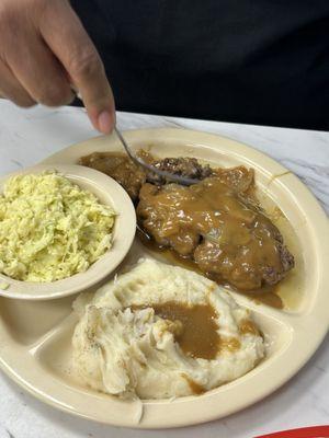 Hamburger Steak w/ mashed potatoes & gravy and coleslaw