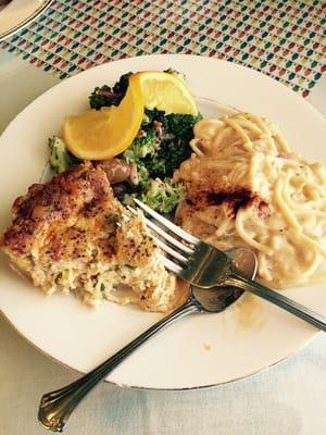 Mexican quiche, chicken spaghetti, broccoli salad. Super yummy!!