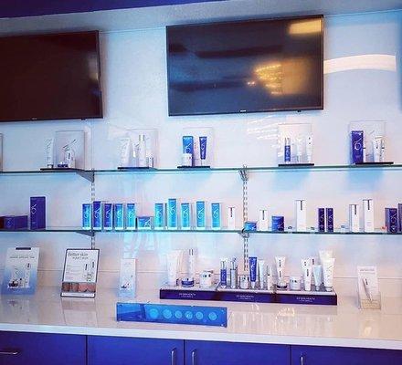 A glimpse of our lovely product shelves.  ZO Skin health is a leader in pharmaceutical grade skin care.  We can address any skin care need.