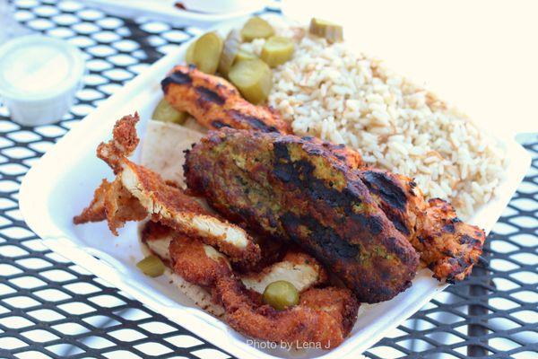 Chicken trio ($19.95) - tawook, cream chops, chicken kafta (comes w/ rice and salad) Good!