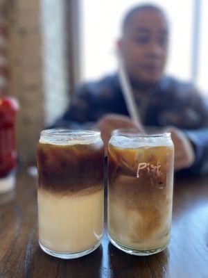 Left: Baklava Latte (special) w/ Oatmeal Right: Pistachio Latte w/ Oatmilk  They drip La Colombe!!!