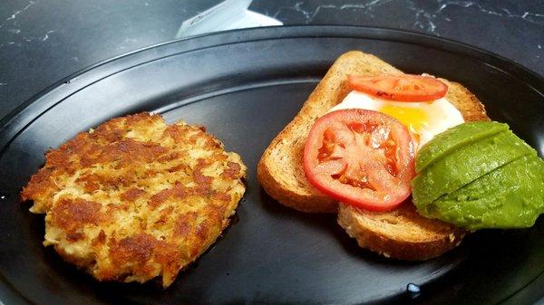 Avocado toast with crab cake. Crab cake made it worth it! Got my egg poached instead of fried