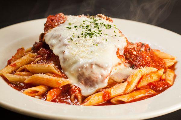 Chicken Parm Entree with Penne Marinara.