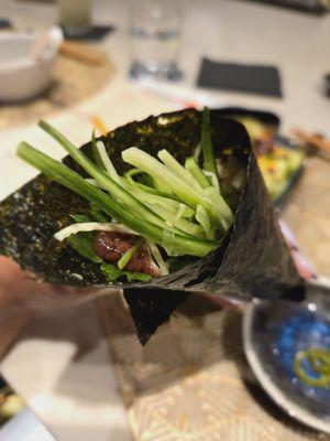 Fermented plum sauce with sushi rice and cucumber.