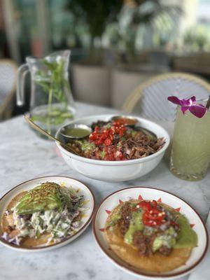 Lamb Barbacoa Bowl, grilled shrimp taco