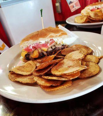 Split Velveeta burger with housemade chips