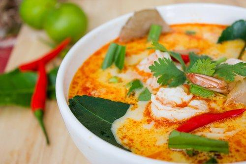 Thai curry soup with shrimp, chicken and basil.