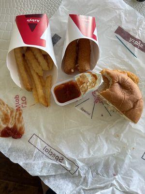 Hawaiian Deluxe Fish sandwich (well half), crickle fries and cheese sticks