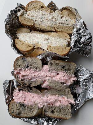 Everything bagel with jalapeño popper cream cheese and blueberry bagel with strawberry cream cheese