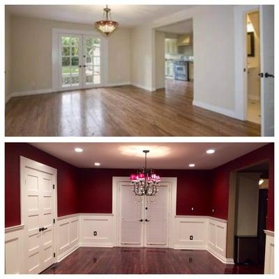 Before and After of my dining room, Ivan and his crew installed refinished our floors and added wall moulding - amazing!