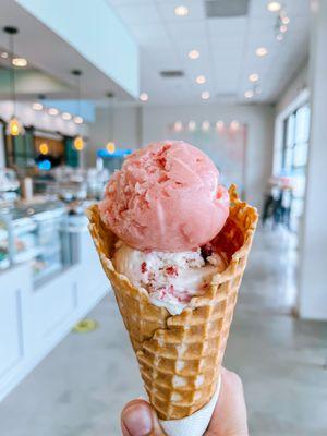 Double scoop with watermelon lime sorbet and Earl Grey Blackberry  on a brown butter waffle cone