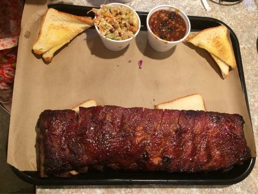 Our full slab dinner with spicy slaw and beans.