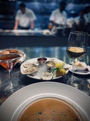 Lobster Bisque and Blue Point Oysters, a Blanton's Manhattan and a nice Chardonnay for starters