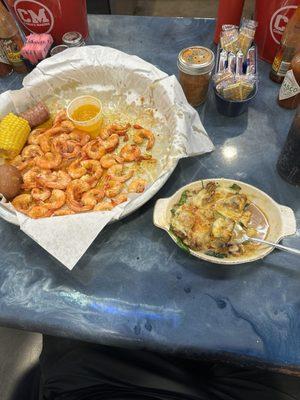 Lunch shrimp boil and Oyster Rockefeller.