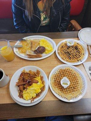 Hash brown bowl. Pecan waffle. All star with chocolate chip waffle.