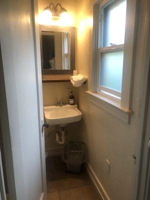 Bathroom ( toilet and shower behind door) only room for one person at a time