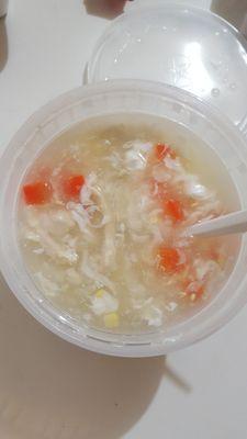 Chicken and corn soup with egg whites, but whyyyyy the hard and dreadful frozen peas at the bottom of the soup. Leave them out!