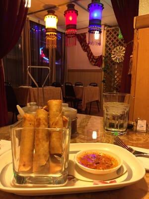 Friendly staff, clean, peaceful dining room, and fast delicious food! (Fried spring rolls shown) what more could you ask for?