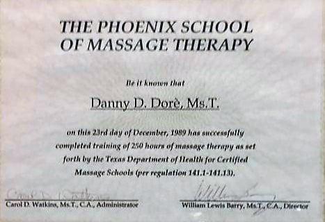 250 hours of basic massage and becoming certified and licensed by the State of Texas.