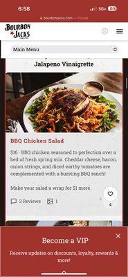 The menu showing what the bbq chicken salad is