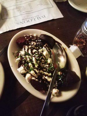 Hot whole cooked beets with goat cheese and balsamic Glaze. OMG I hope to have this many more times.