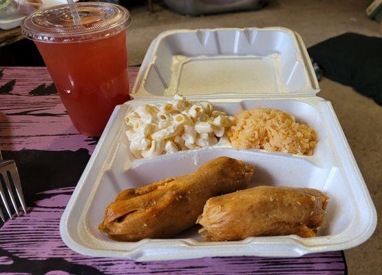 Tamale plate (beef) with great macaroni salad, Mexican rice that was substituted for the usual beans, and jamaica.