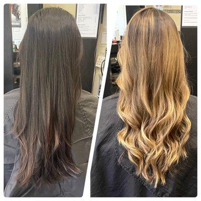 Stylist: Yana. Before: non-dyed hair. After: balayage. Dark brown to blonde is super hard. Shout out to Yana! She's the best!