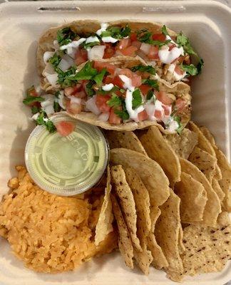 Chicken taco meal (chunky style), rice, chips & spicy avocado salsa