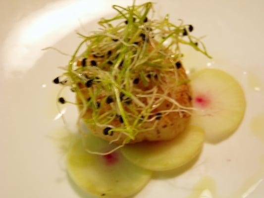 sauteed scallop with watermelon radish and onion sprouts