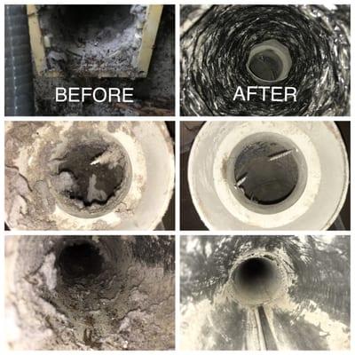 Before and after dryer vent cleaning service. A clogged dryer vent can be a safety hazard and waste energy.