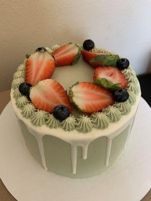 Matcha cake with red beans and strawberries