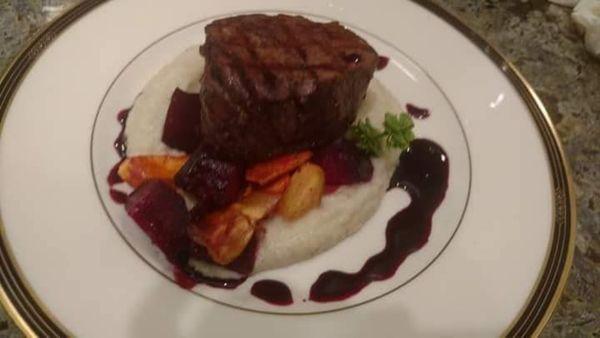 Filet with roasted root veg and yukon puree