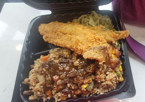 Fried Whiting, Spicy Cabbage with Jerk chicken Fried Rice.