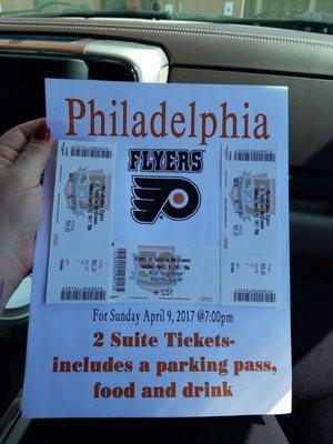 Flyers tickets we won from the fundraiser for an officer who developed ALS