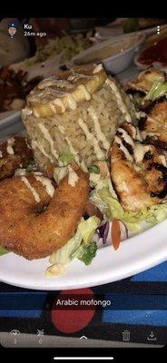 Grilled & fried shrimp over rice and salad  W/ tahini sauce drizzled on top .   -A1 since Day1