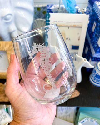 Seahorse etched stemless wine glass by Rolf.