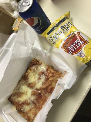 Lunch special! Choice of cheese or pepperoni deep dish slice, bag of chips and a can of pop