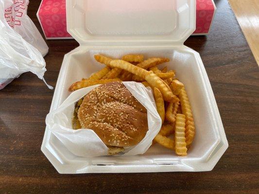 Double bacon burger with fries. Lots of fries!!