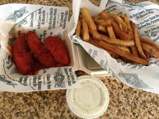 3 piece chicken strips (original hot) with fries and a side of ranch