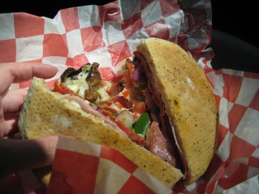 The Italian sandwich. Mushroom, pepperoni, ham, tomato, green pepper, red onions, cheese, and a whole lot of other deliciousness