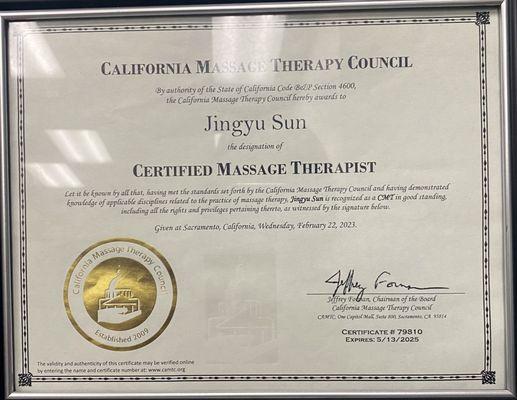 state Certification Massage Therapist.