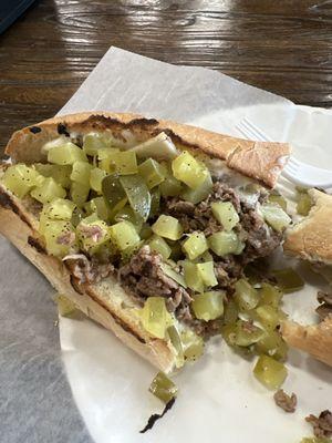 Steak & cheese extra mayo, extra pickles. Salt/pepper