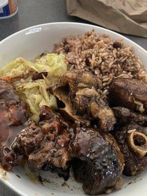 Oxtails, Jerk Chicken, Rice & Peas and Veggies