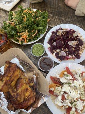 Kale salad  Beets, tahini with yogurt  Rotisserie chicken  Tamatoe and corn with feta cheese