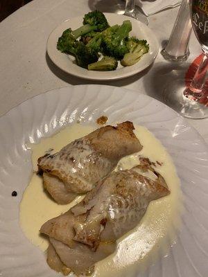 Flounder stuffed with crab meat (delicious cream sauce).