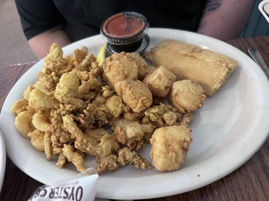 Seafood Platter, (side salad and cup of clam chowder not in photo)