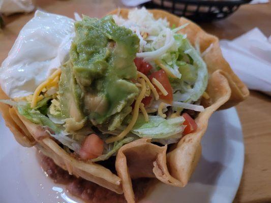 Taco salad with beef.  Great toppings, but the star was that fresh, crispy shell!  Yummy!